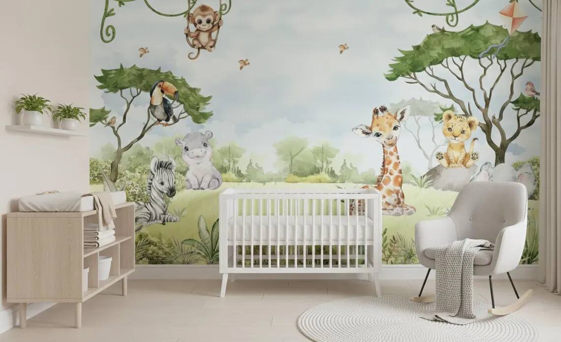 Watercolor Jungle Animals Wallpaper Mural Peel And Stick Nursery Decor