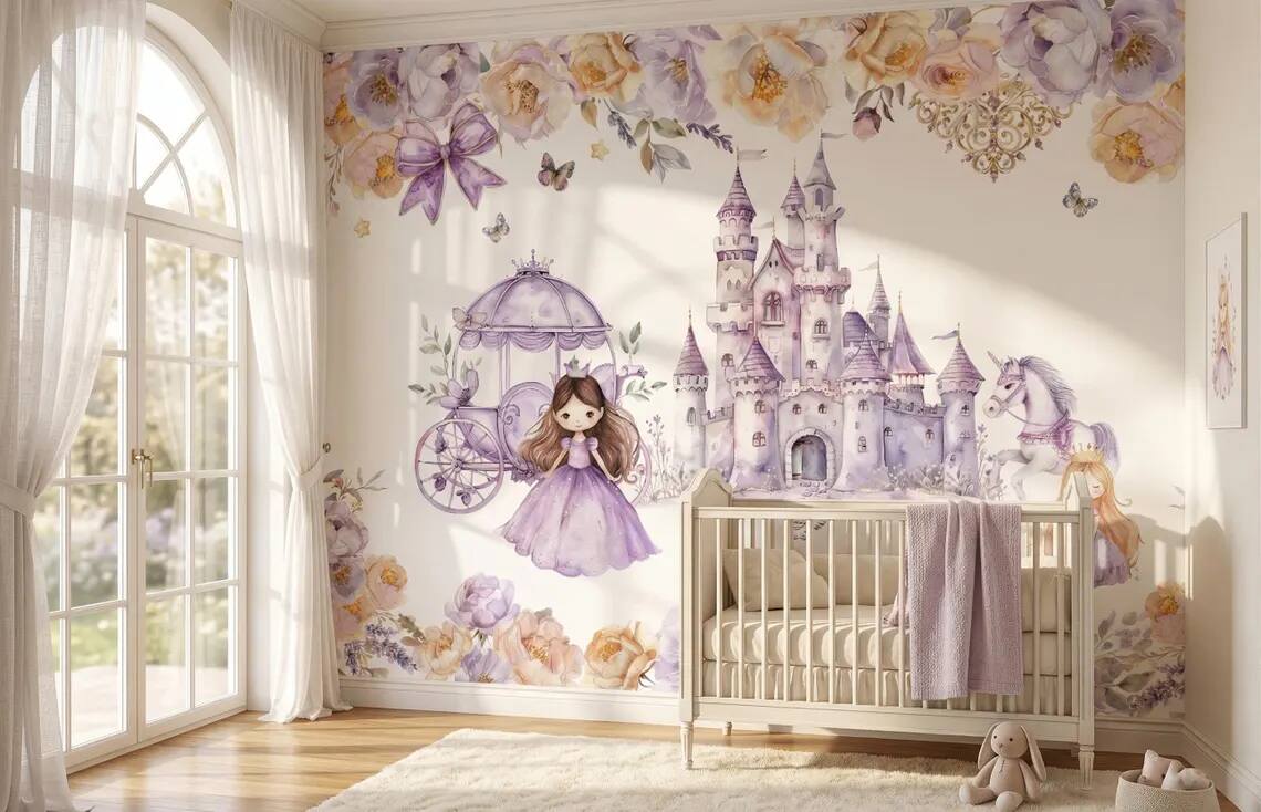 Watercolor Princess Castle Mural Lavender Fairytale Nursery Wall Decor Peel Stick