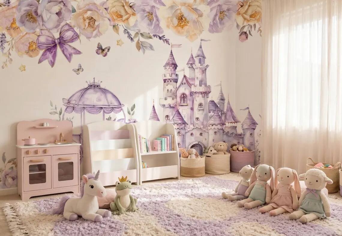 Watercolor Princess Castle Mural Lavender Fairytale Nursery Wall Decor Peel Stick