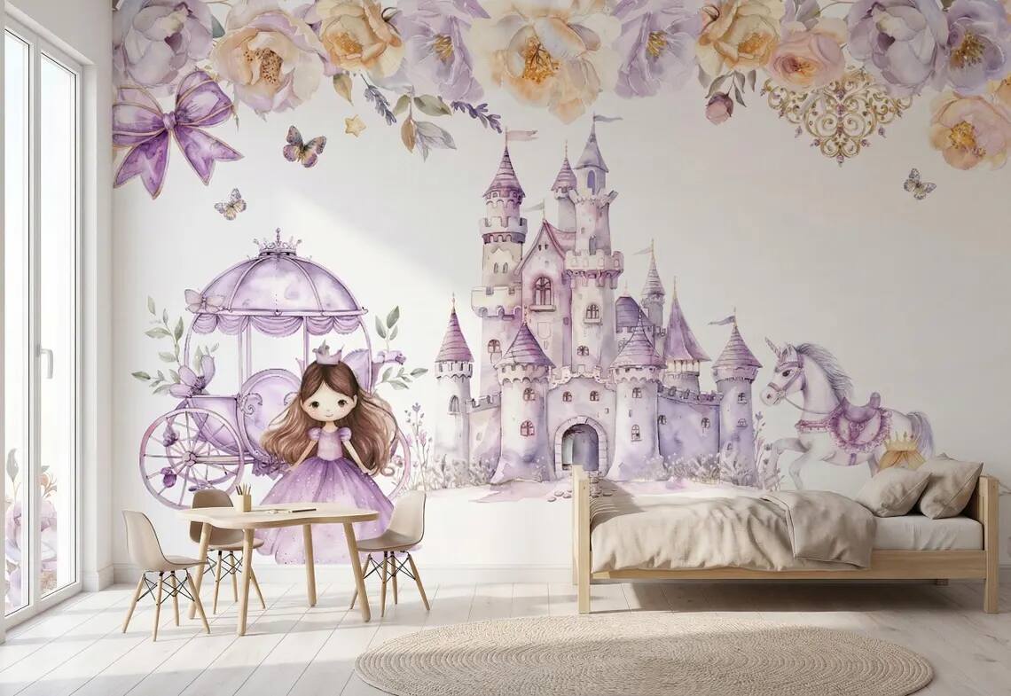Watercolor Princess Castle Mural Lavender Fairytale Nursery Wall Decor Peel Stick