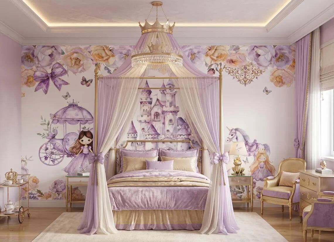Watercolor Princess Castle Mural Lavender Fairytale Nursery Wall Decor Peel Stick