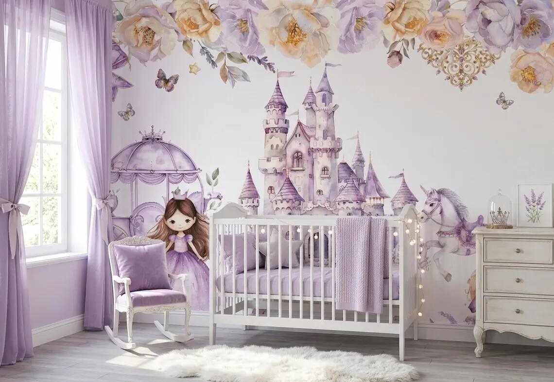 Watercolor Princess Castle Mural Lavender Fairytale Nursery Wall Decor Peel Stick