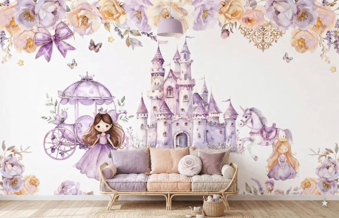 Watercolor Princess Castle Mural Lavender Fairytale Nursery Wall Decor Peel Stick