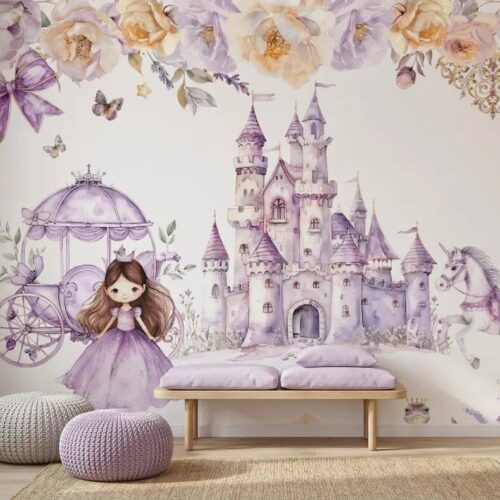 Watercolor Princess Castle Mural Lavender Fairytale Nursery Wall Decor Peel Stick