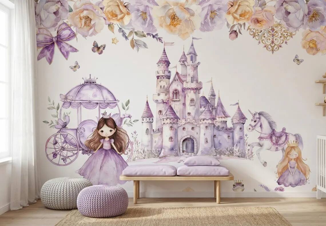 Watercolor Princess Castle Mural Lavender Fairytale Nursery Wall Decor Peel Stick