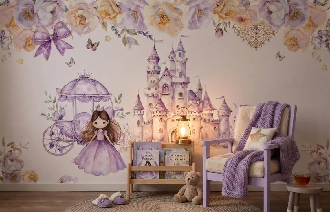 Watercolor Princess Castle Mural Lavender Fairytale Nursery Wall Decor Peel Stick