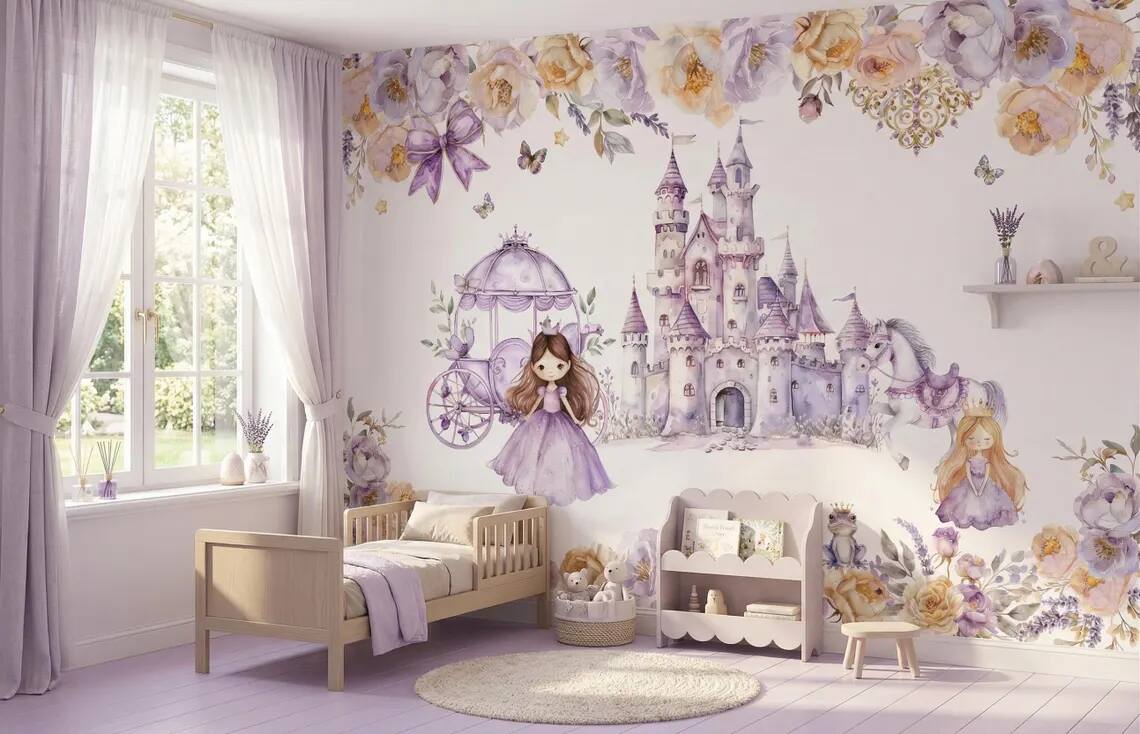 Watercolor Princess Castle Mural Lavender Fairytale Nursery Wall Decor Peel Stick