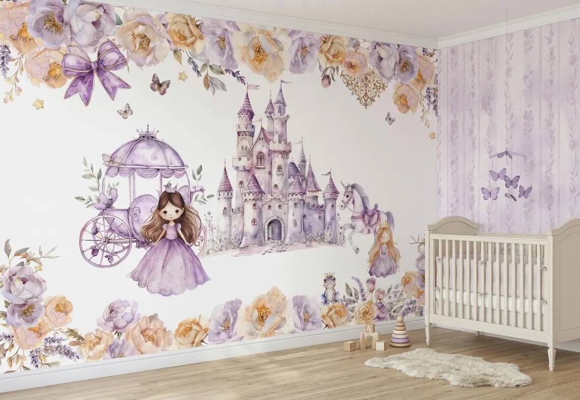Watercolor Princess Castle Mural Lavender Fairytale Nursery Wall Decor Peel Stick