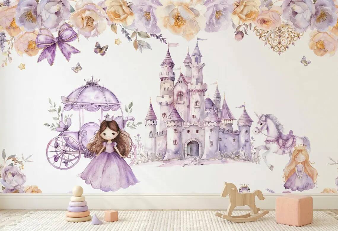 Watercolor Princess Castle Mural Lavender Fairytale Nursery Wall Decor Peel Stick