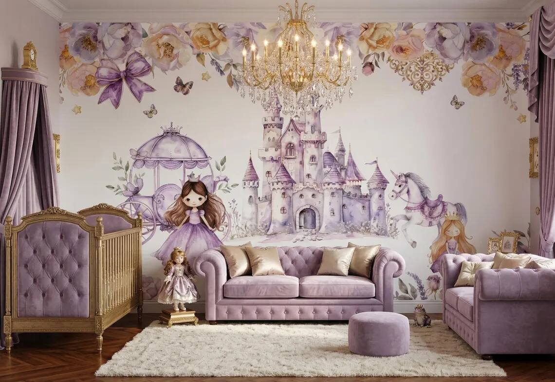 Watercolor Princess Castle Mural Lavender Fairytale Nursery Wall Decor Peel Stick