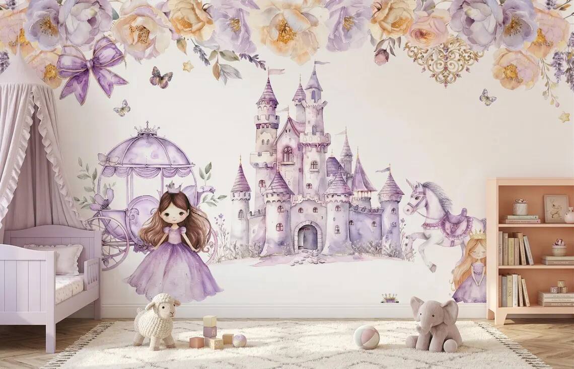 Watercolor Princess Castle Mural Lavender Fairytale Nursery Wall Decor Peel Stick