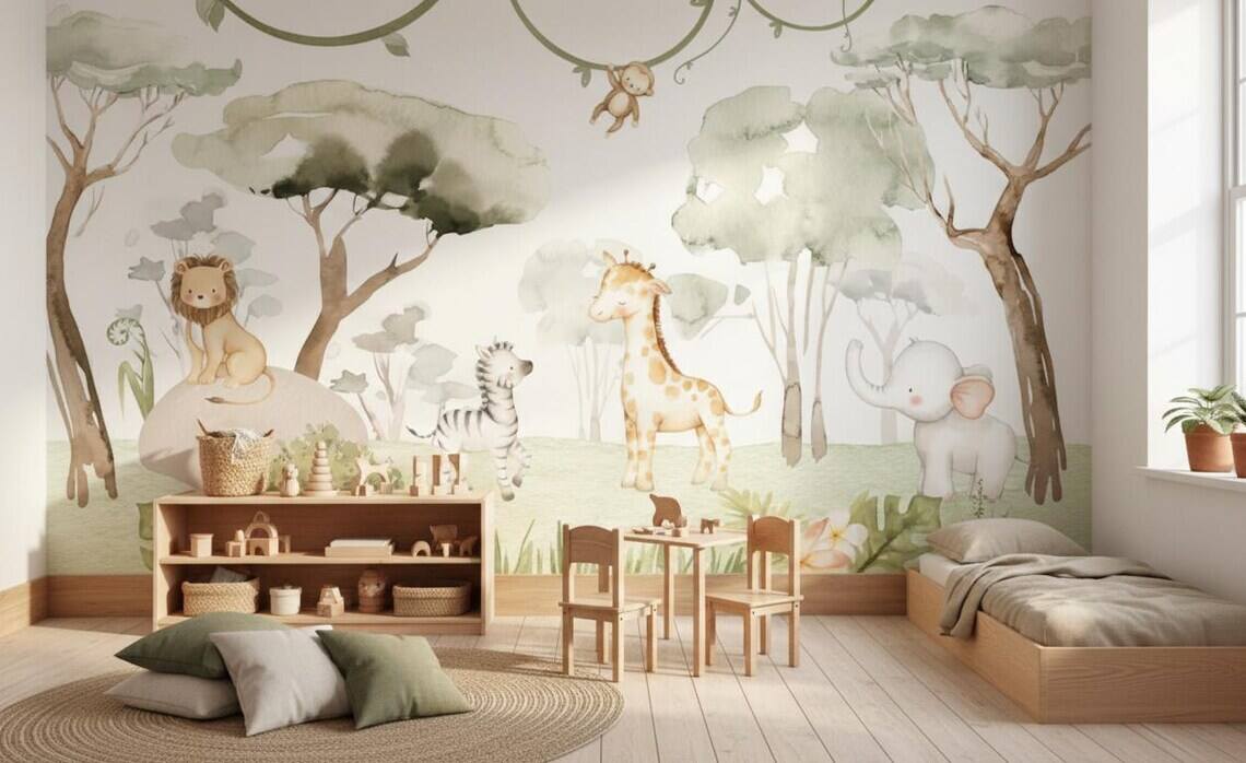 Watercolor Safari Nursery Wallpaper Mural Peel And Stick Jungle Animals Wall Art