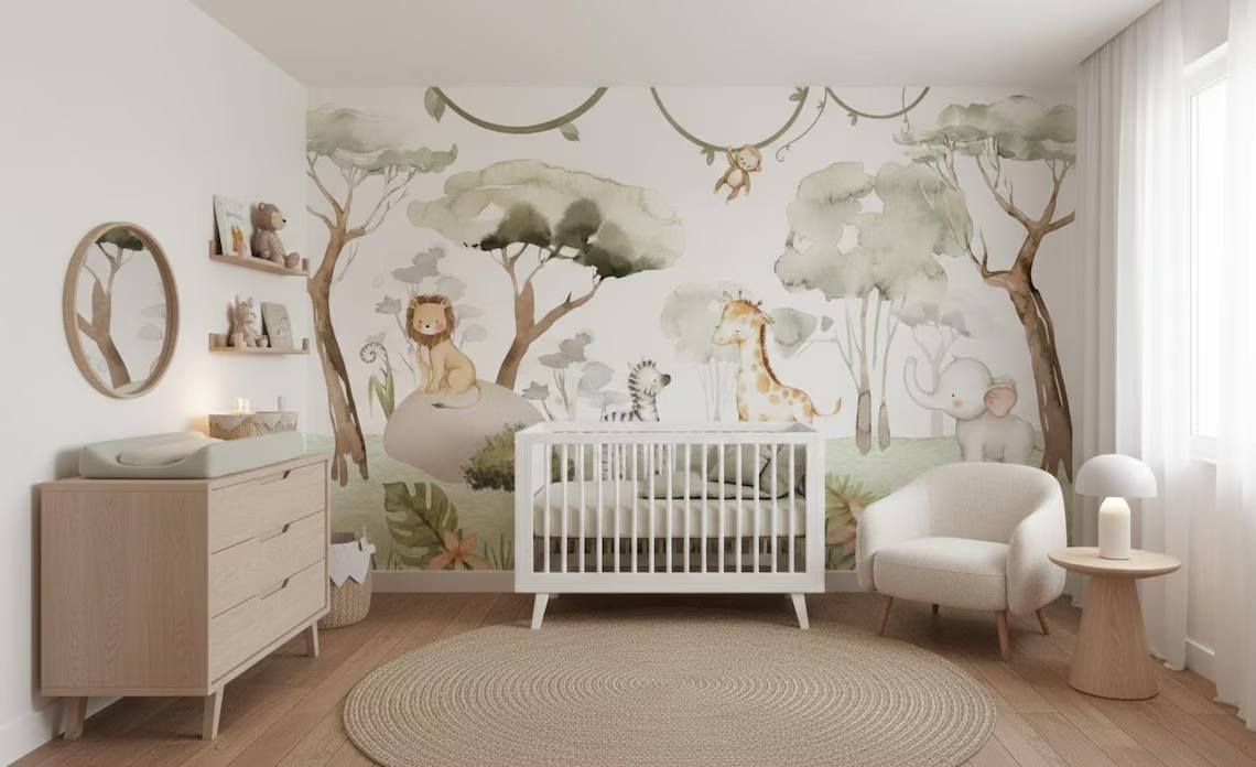 Watercolor Safari Nursery Wallpaper Mural Peel And Stick Jungle Animals Wall Art