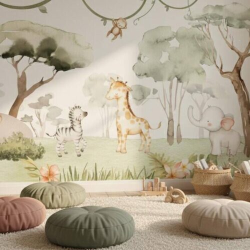 Watercolor Safari Nursery Wallpaper Mural Peel And Stick Jungle Animals Wall Art