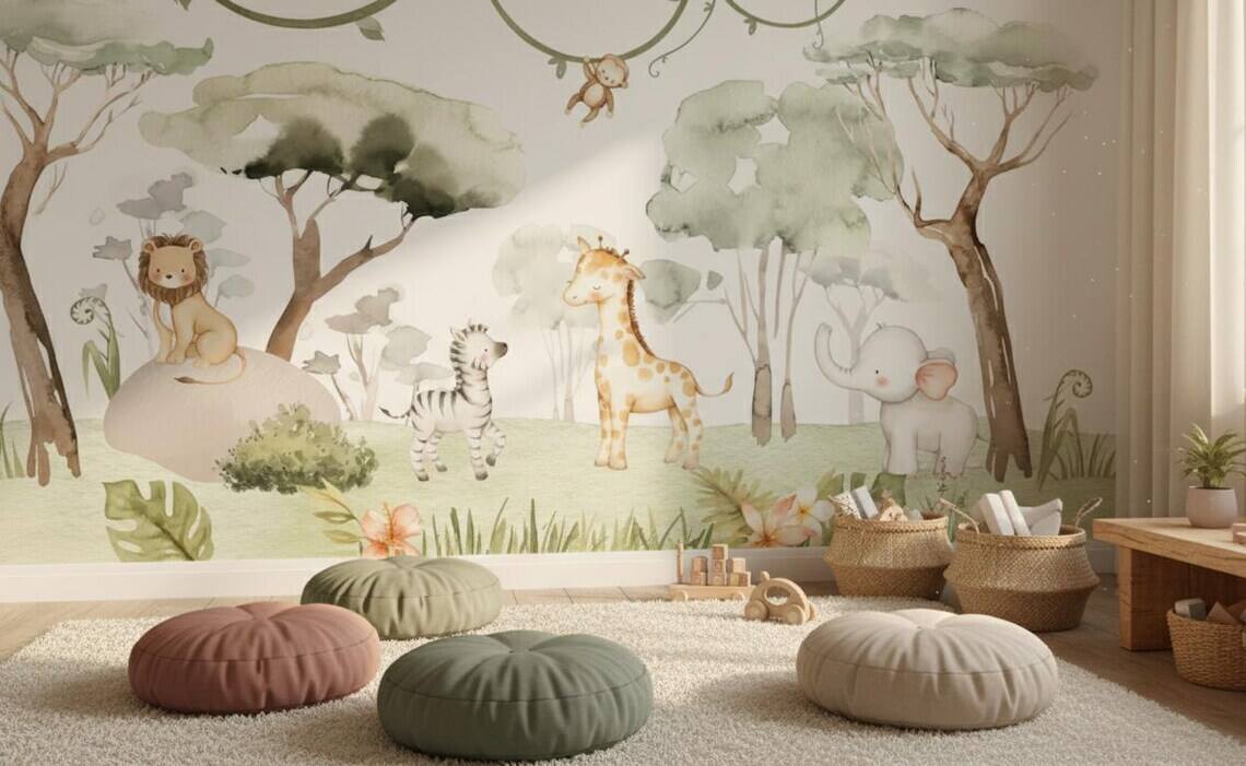 Watercolor Safari Nursery Wallpaper Mural Peel And Stick Jungle Animals Wall Art