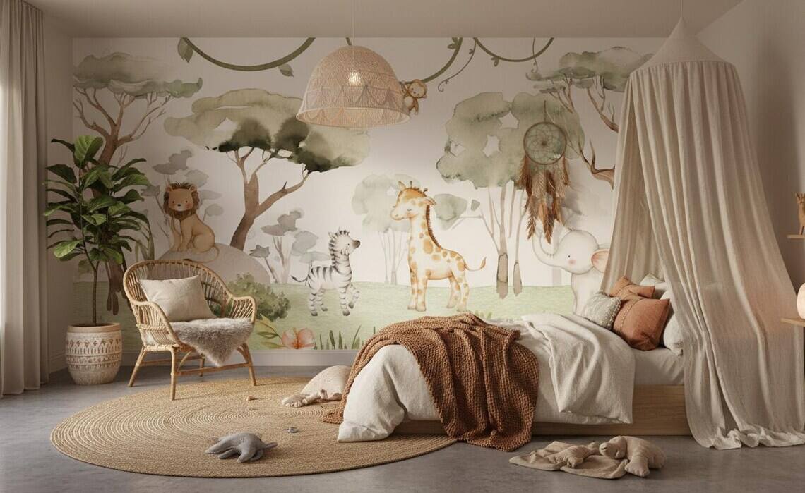 Watercolor Safari Nursery Wallpaper Mural Peel And Stick Jungle Animals Wall Art