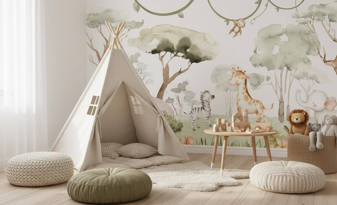 Watercolor Safari Nursery Wallpaper Mural Peel And Stick Jungle Animals Wall Art