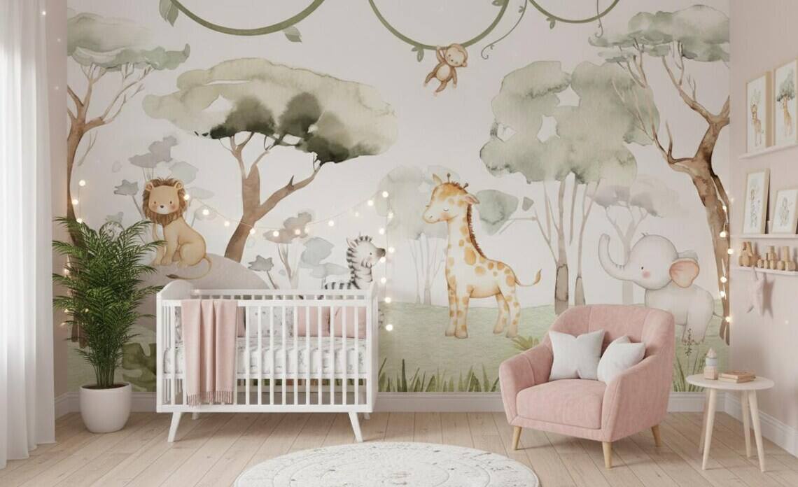 Watercolor Safari Nursery Wallpaper Mural Peel And Stick Jungle Animals Wall Art