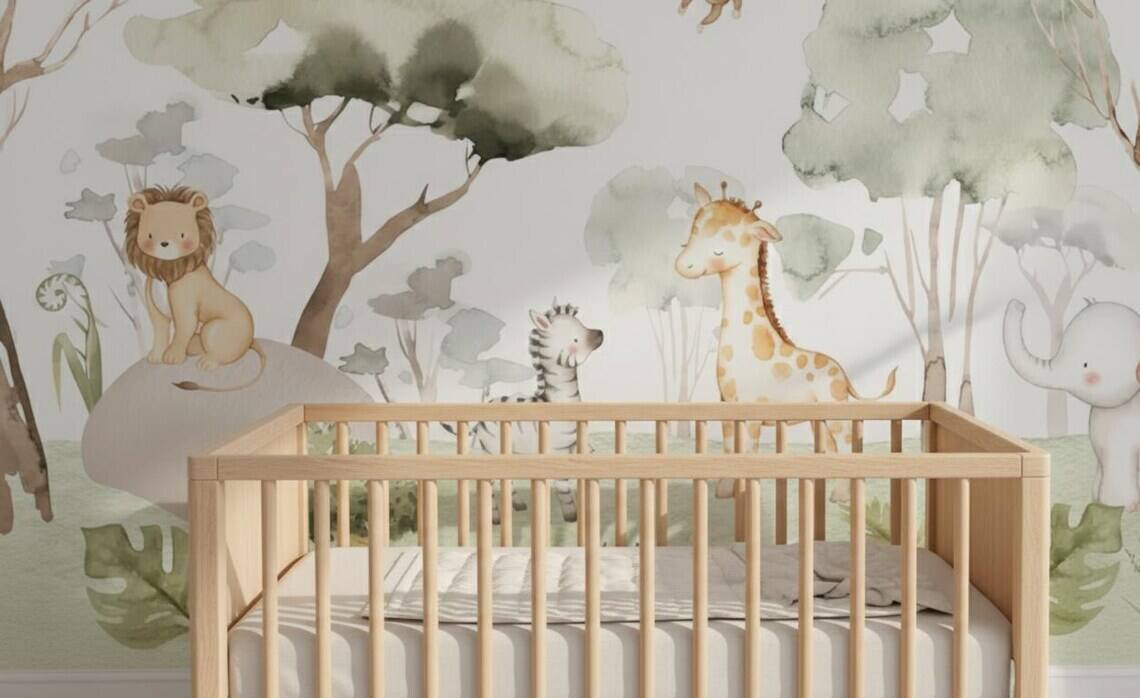 Watercolor Safari Nursery Wallpaper Mural Peel And Stick Jungle Animals Wall Art