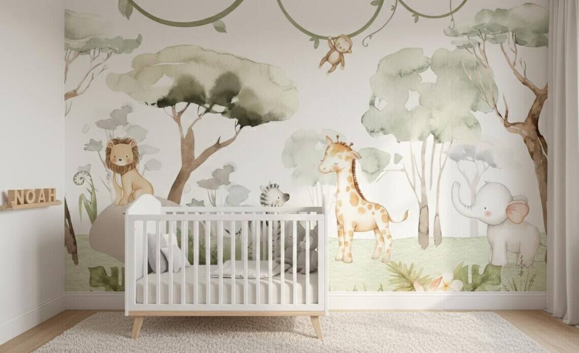 Watercolor Safari Nursery Wallpaper Mural Peel And Stick Jungle Animals Wall Art