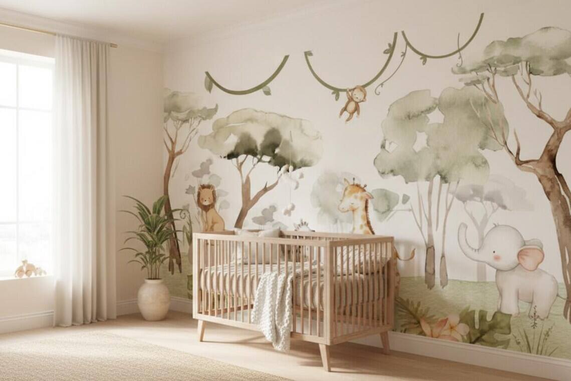 Watercolor Safari Nursery Wallpaper Mural Peel And Stick Jungle Animals Wall Art