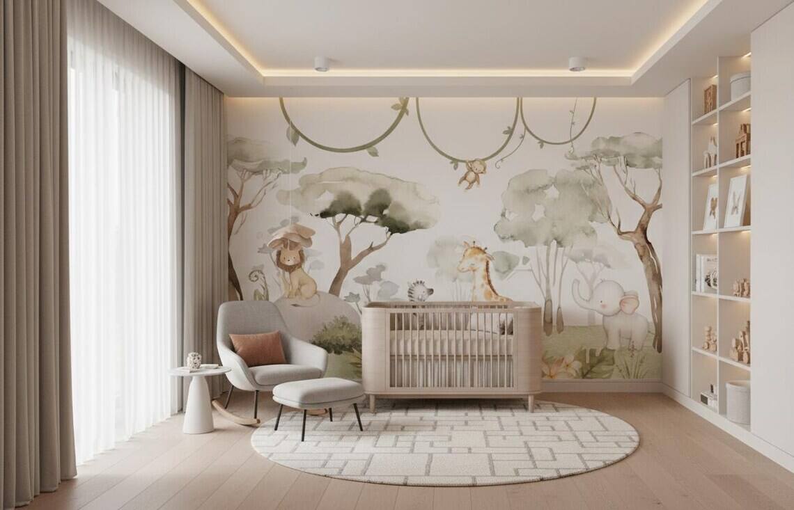 Watercolor Safari Nursery Wallpaper Mural Peel And Stick Jungle Animals Wall Art