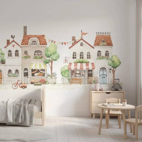 Watercolor Village Wallpaper Pastel Houses Kids Nursery Peel And Stick Mural
