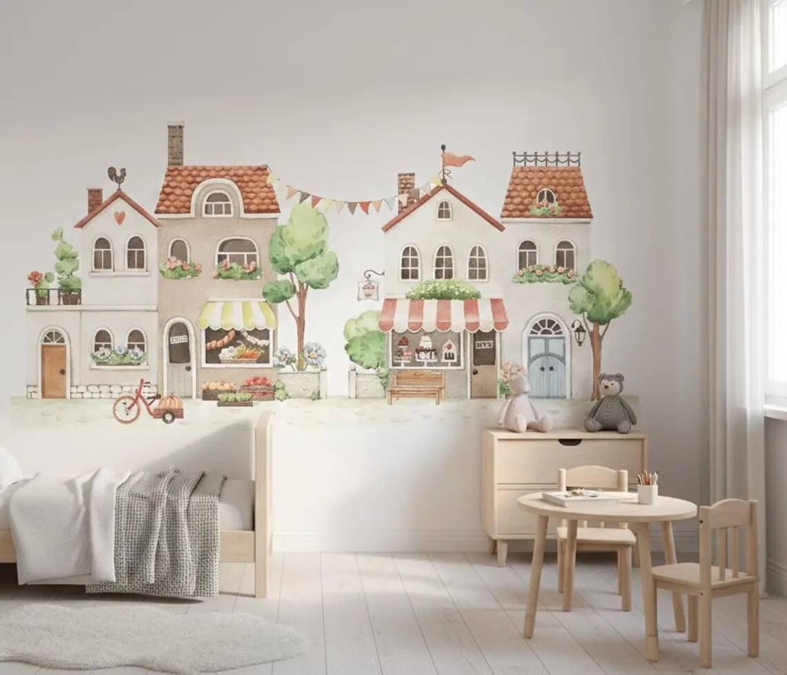 Watercolor Village Wallpaper Pastel Houses Kids Nursery Peel And Stick Mural