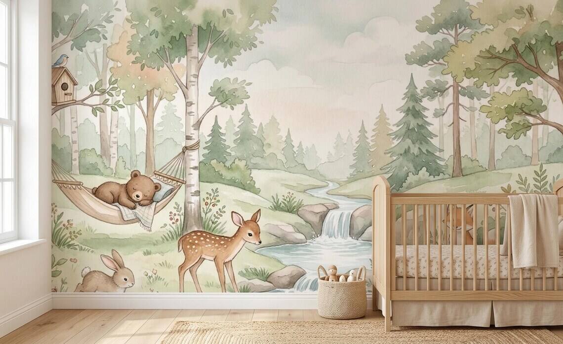 Watercolor Woodland Animals Nursery Wallpaper Forest Creatures Pastel Nature Mural Peel Stick