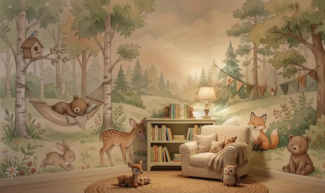 Watercolor Woodland Animals Nursery Wallpaper Forest Creatures Pastel Nature Mural Peel Stick