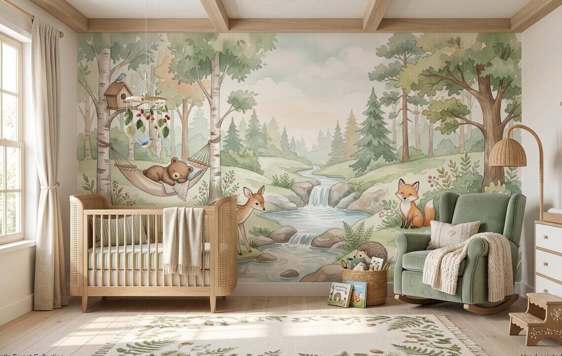 Watercolor Woodland Animals Nursery Wallpaper Forest Creatures Pastel Nature Mural Peel Stick
