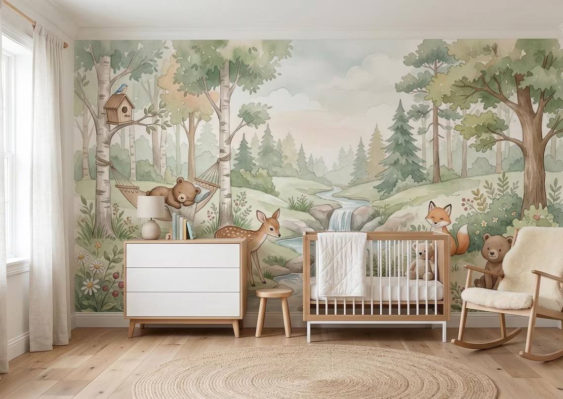 Watercolor Woodland Animals Nursery Wallpaper Forest Creatures Pastel Nature Mural Peel Stick
