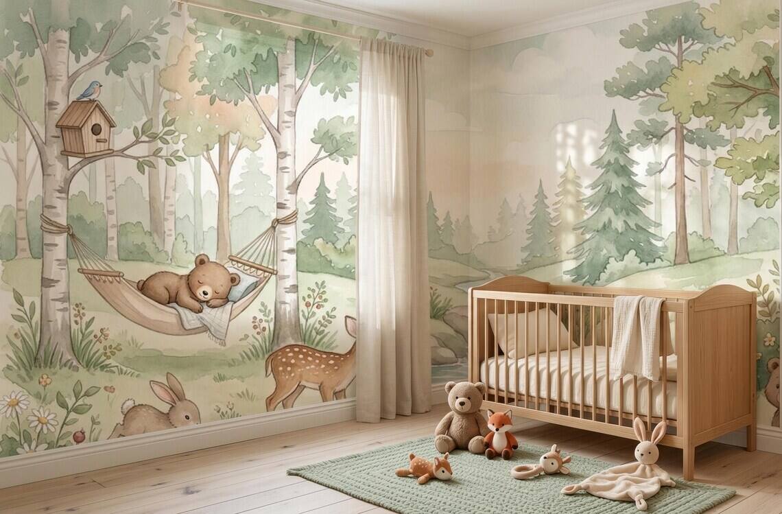 Watercolor Woodland Animals Nursery Wallpaper Forest Creatures Pastel Nature Mural Peel Stick