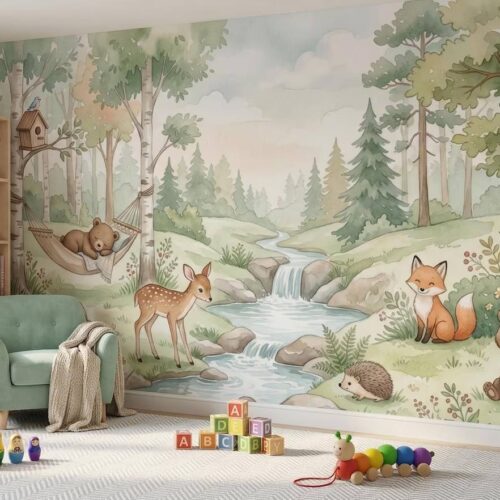 Watercolor Woodland Animals Nursery Wallpaper Forest Creatures Pastel Nature Mural Peel Stick