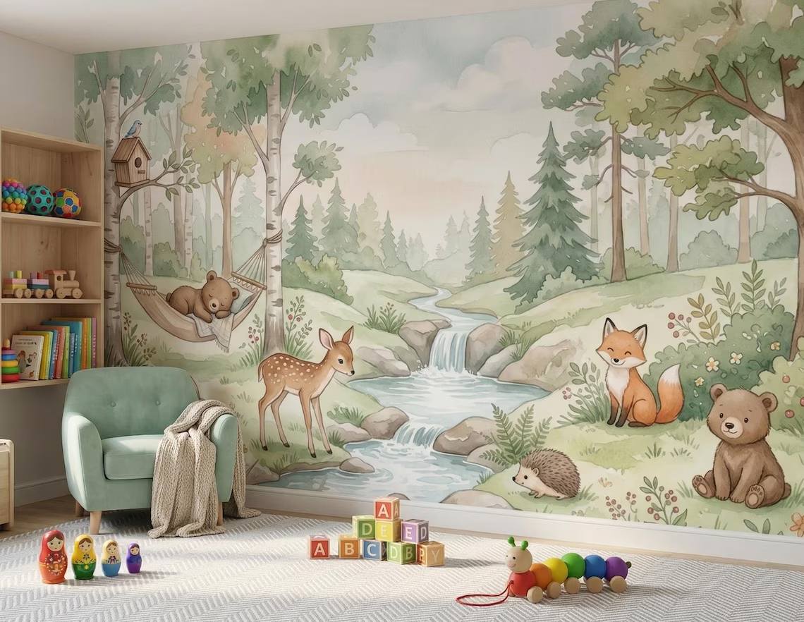 Watercolor Woodland Animals Nursery Wallpaper Forest Creatures Pastel Nature Mural Peel Stick