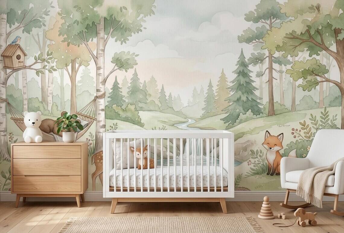 Watercolor Woodland Animals Nursery Wallpaper Forest Creatures Pastel Nature Mural Peel Stick