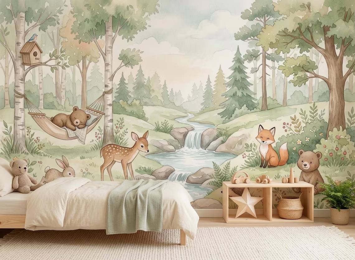 Watercolor Woodland Animals Nursery Wallpaper Forest Creatures Pastel Nature Mural Peel Stick