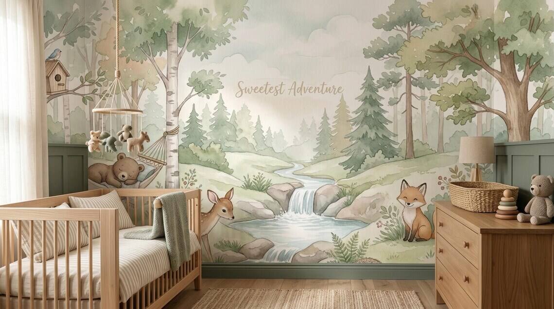Watercolor Woodland Animals Nursery Wallpaper Forest Creatures Pastel Nature Mural Peel Stick