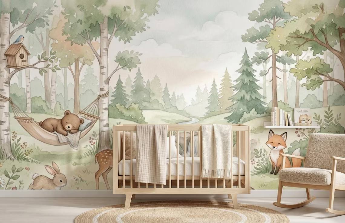 Watercolor Woodland Animals Nursery Wallpaper Forest Creatures Pastel Nature Mural Peel Stick