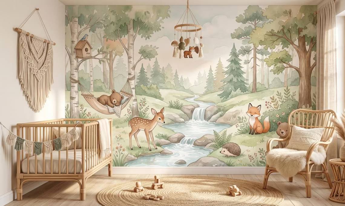 Watercolor Woodland Animals Nursery Wallpaper Forest Creatures Pastel Nature Mural Peel Stick