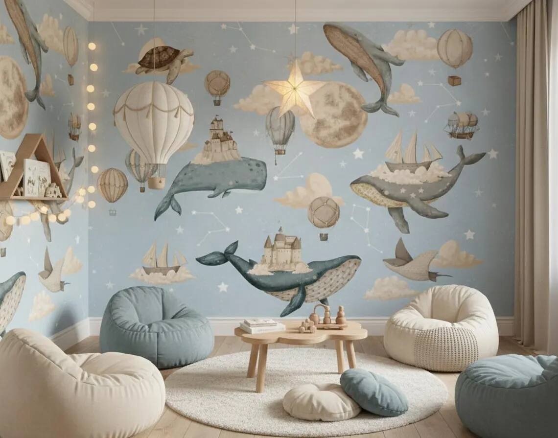 Whale Nursery Wallpaper Hot Air Balloon Moon Stars Peel And Stick Wall Mural