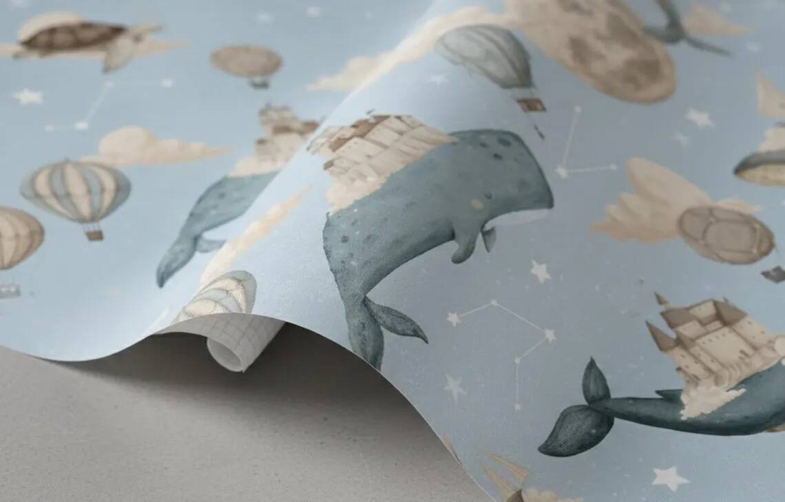 Whale Nursery Wallpaper Hot Air Balloon Moon Stars Peel And Stick Wall Mural