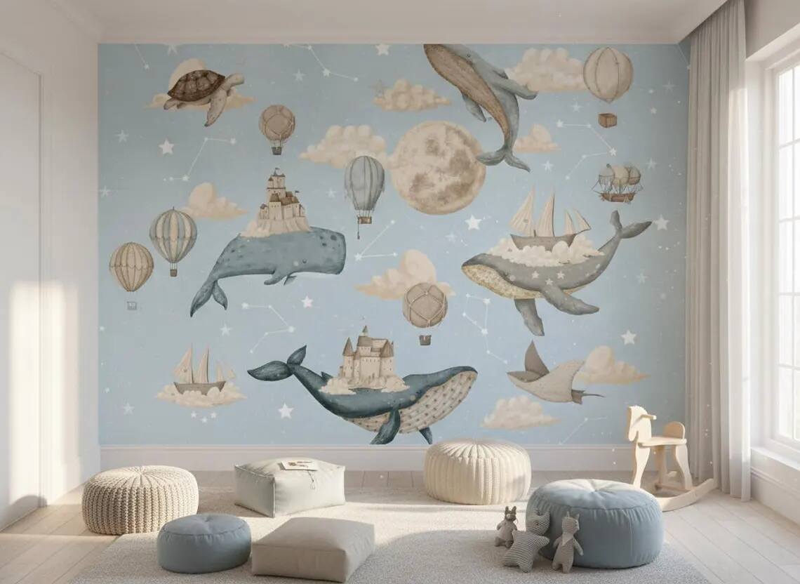Whale Nursery Wallpaper Hot Air Balloon Moon Stars Peel And Stick Wall Mural