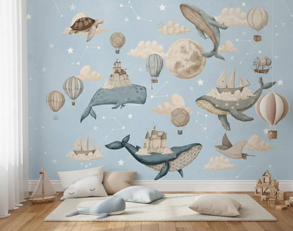 Whale Nursery Wallpaper Hot Air Balloon Moon Stars Peel And Stick Wall Mural