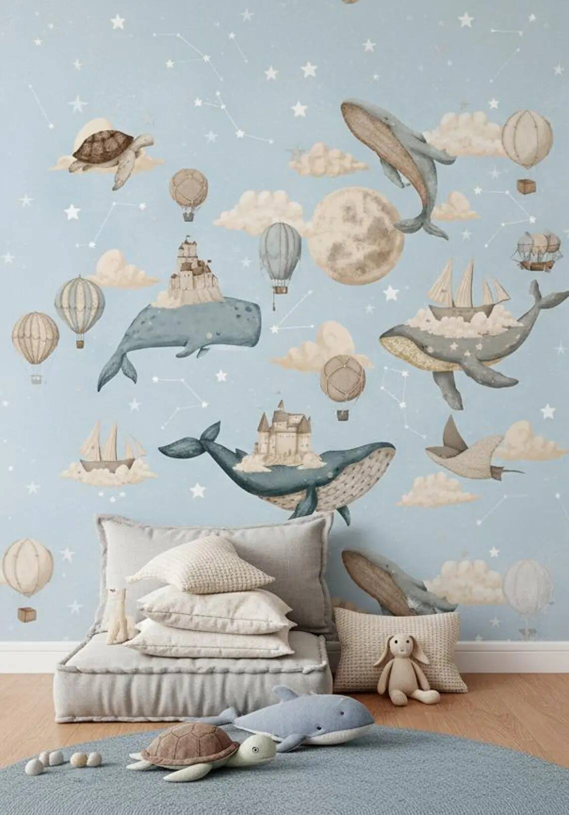 Whale Nursery Wallpaper Hot Air Balloon Moon Stars Peel And Stick Wall Mural