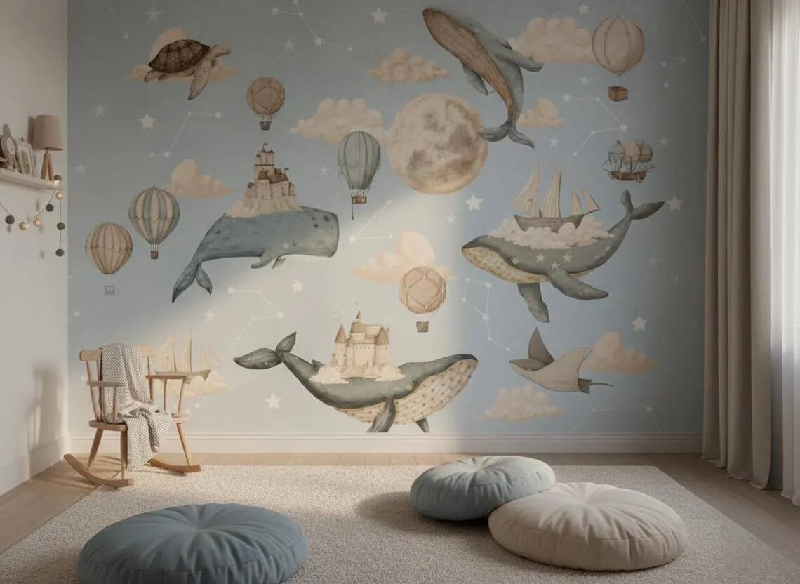 Whale Nursery Wallpaper Hot Air Balloon Moon Stars Peel And Stick Wall Mural