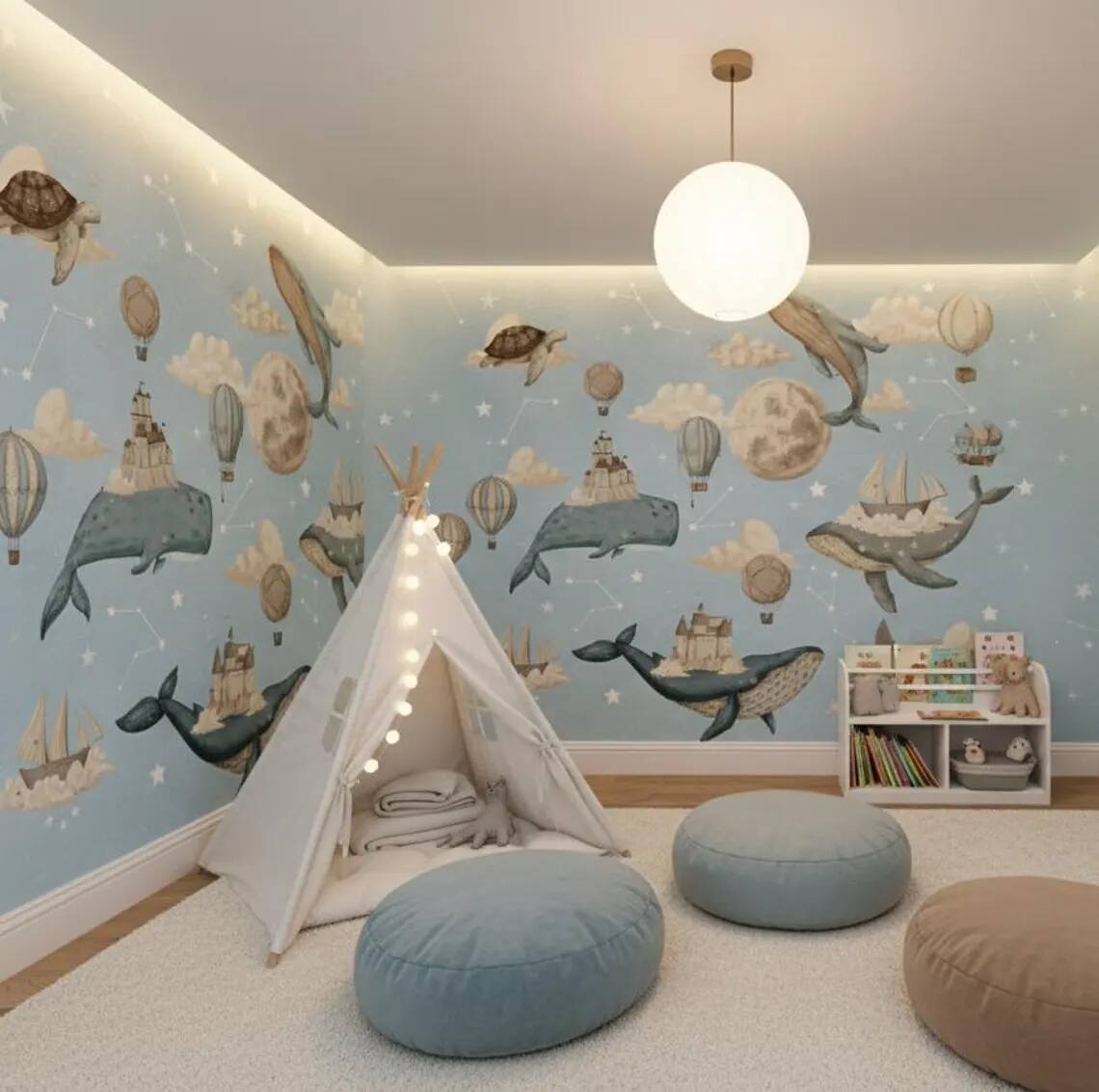 Whale Nursery Wallpaper Hot Air Balloon Moon Stars Peel And Stick Wall Mural