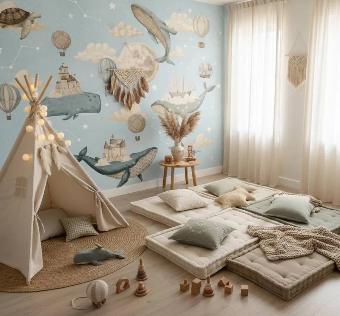 Whale Nursery Wallpaper Hot Air Balloon Moon Stars Peel And Stick Wall Mural