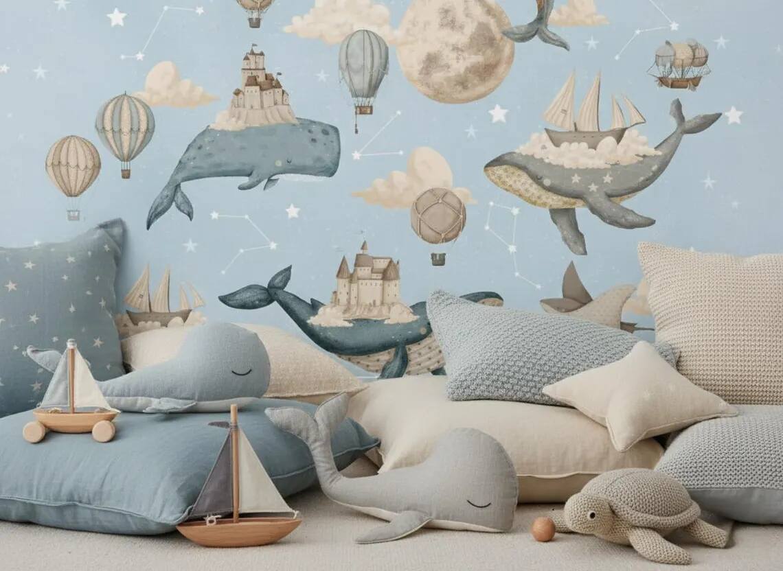 Whale Nursery Wallpaper Hot Air Balloon Moon Stars Peel And Stick Wall Mural