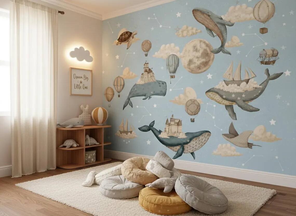 Whale Nursery Wallpaper Hot Air Balloon Moon Stars Peel And Stick Wall Mural
